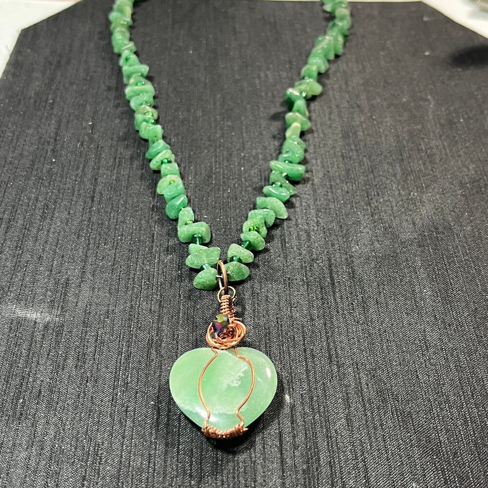 Aventurine Heart 2" Cabochon Copper Wire Wrap Green white 20 inches - Picture 2 of 5